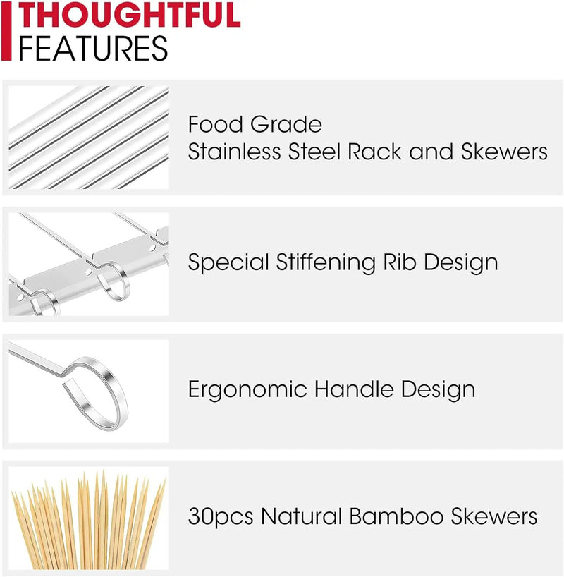 Unicook Stainless Steel BBQ Shish Kabob Set, Foldable Shish Kabob Holder with 6pcs 13"L Skewers, Reusable Grill Rack, Comes with 30pcs 12.5"L Bamboo Skewers for Party and Cookout by GreenHaven Gardens