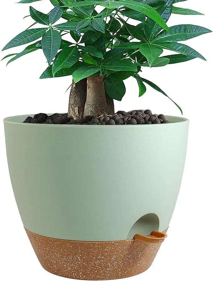 12 inch Large Self Watering Pots, Plastic Planters with 60oZ Removable Deep Reservoir and Multi Mesh Drainage Holes for Indoor Outdoor Garden Plants and Flowers, Green with Brown by GreenHaven Gardens