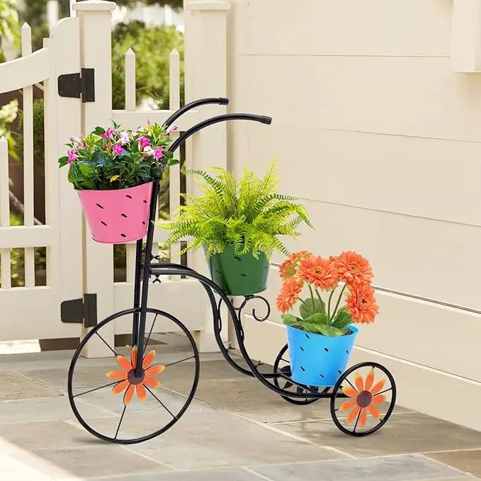 LEWIS&WAYNE Metal Tricycle Planter, 3 Tier Floral Flower Plant Stand Holder Hand Painted Outdoor Garden Patio Decor by GreenHaven Gardens