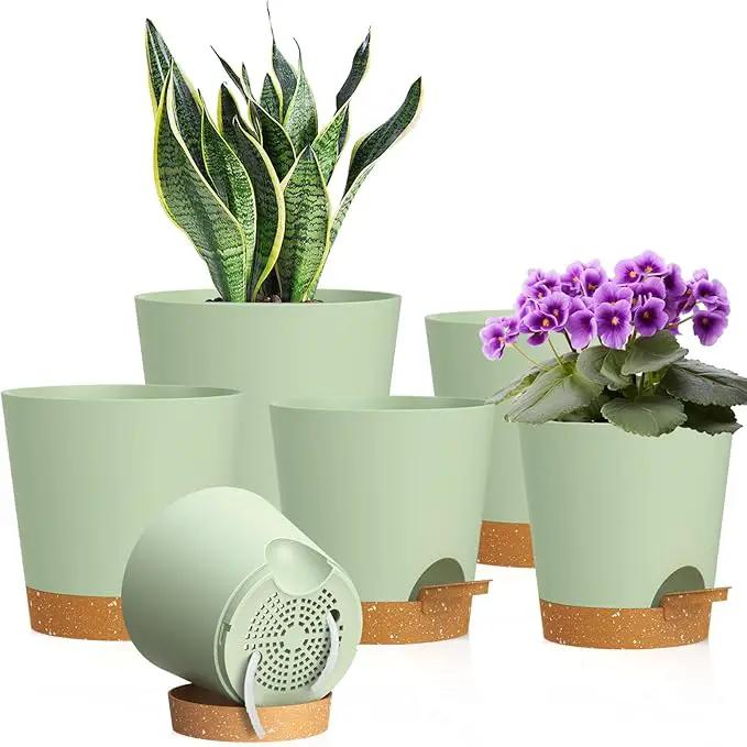 7/6.5/6/5.5/5/4 inch Self Watering Pots for Indoor Outdoor Plants, 6 Pack Plastic Flower Planters with Drainage Holes and Removable Saucers, Plant Pots with Wicking Rope, Green Brown by GreenHaven Gardens