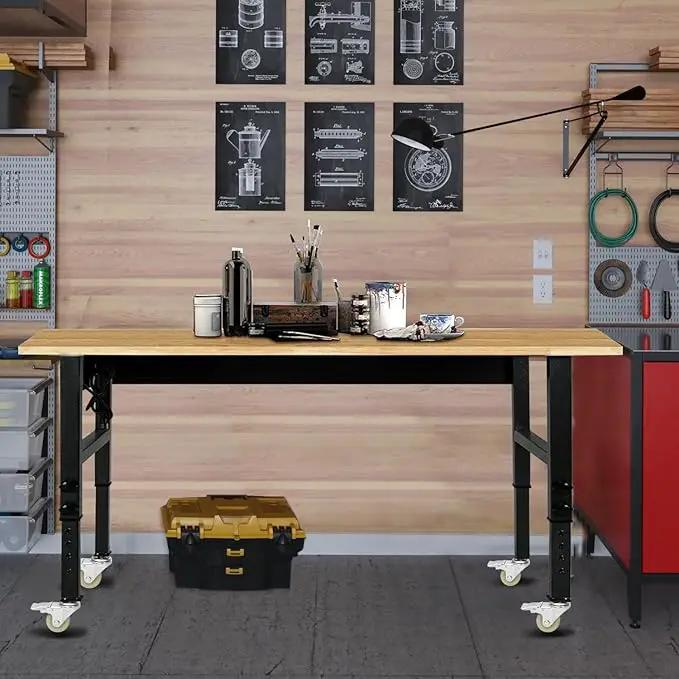 60" Adjustable Work Bench, Rubber Wood Top Workbench Heavy-Duty Work Table with Power Outlet with Wheels, 2000 LBS Load Capacity Hardwood Work Benches for Garage, Workshop, Home, Office, Easy Assembly by GreenHaven Gardens