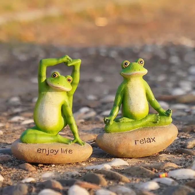 Garden Yoga Frog Decor Statues - 2 Pcs Figurines Statue Animal Decorative Sculptures Resin Garden Décor Meditation for Home 4.5 * 4 * 6 Inch by GreenHaven Gardens