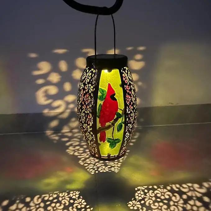 2PCS Cardinal Solar Lanterns Glass & Metal Hanging Light Outdoor Waterproof 16" H Tabletop Lamp with Hollowed-Out Design with Shepherd's Hooks for Garden Patio Table Decor, Green by GreenHaven Gardens