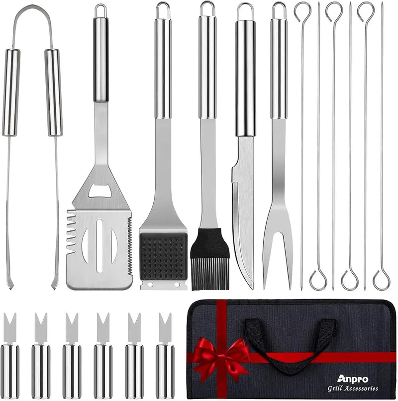 Anpro Grilling Accessories Grill Kit- Grill Set, Grilling Utensil Set, BBQ Accessories, BBQ Kit, BBQ Grill Tools, Grilling Gifts for Father's Day, Smoker, Camping, Kitchen,21 PCS-Standard Silver by GreenHaven Gardens