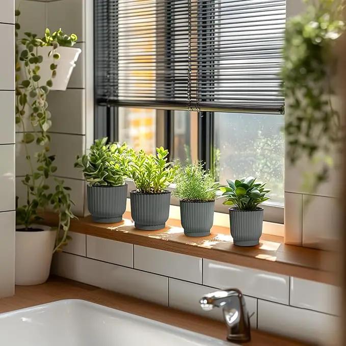 T4U 4.5 Inch Self Watering Pots for Indoor Plants, 6 Pack Gray Plastic Flower Pots for All House Plants, Flowers, African Violets by GreenHaven Gardens