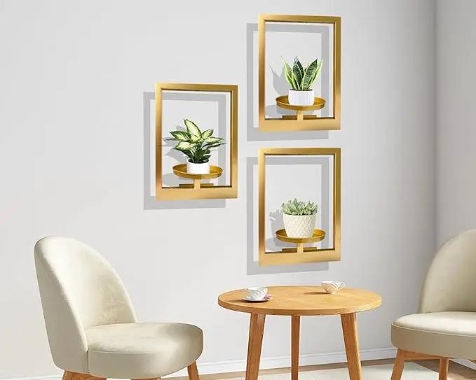 Picture Frame Plant Holder, Wall Mount Plants shelf Indoor Outdoor, Metal Hanging Planters Stand Decor, Window Planter Hanger Shelves, Modern Floating Ornament Rack Art for Home & Garden(Gold 3pc) by GreenHaven Gardens