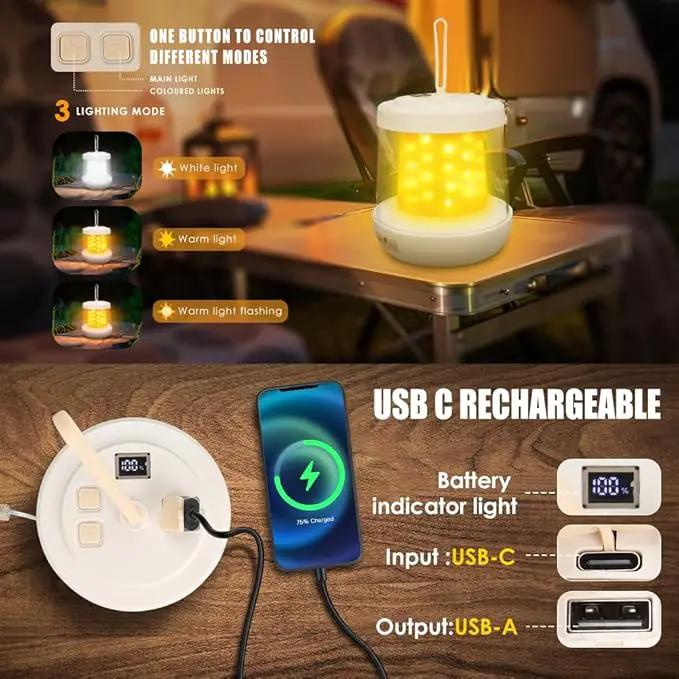 UniqueFire Portable 2-in-1 Camping Lantern & String Lights, Rechargeable LED Tent Lantern with RGB String Lights for Camping, Party, Garden & Yard Outdoor Decoration by GreenHaven Gardens