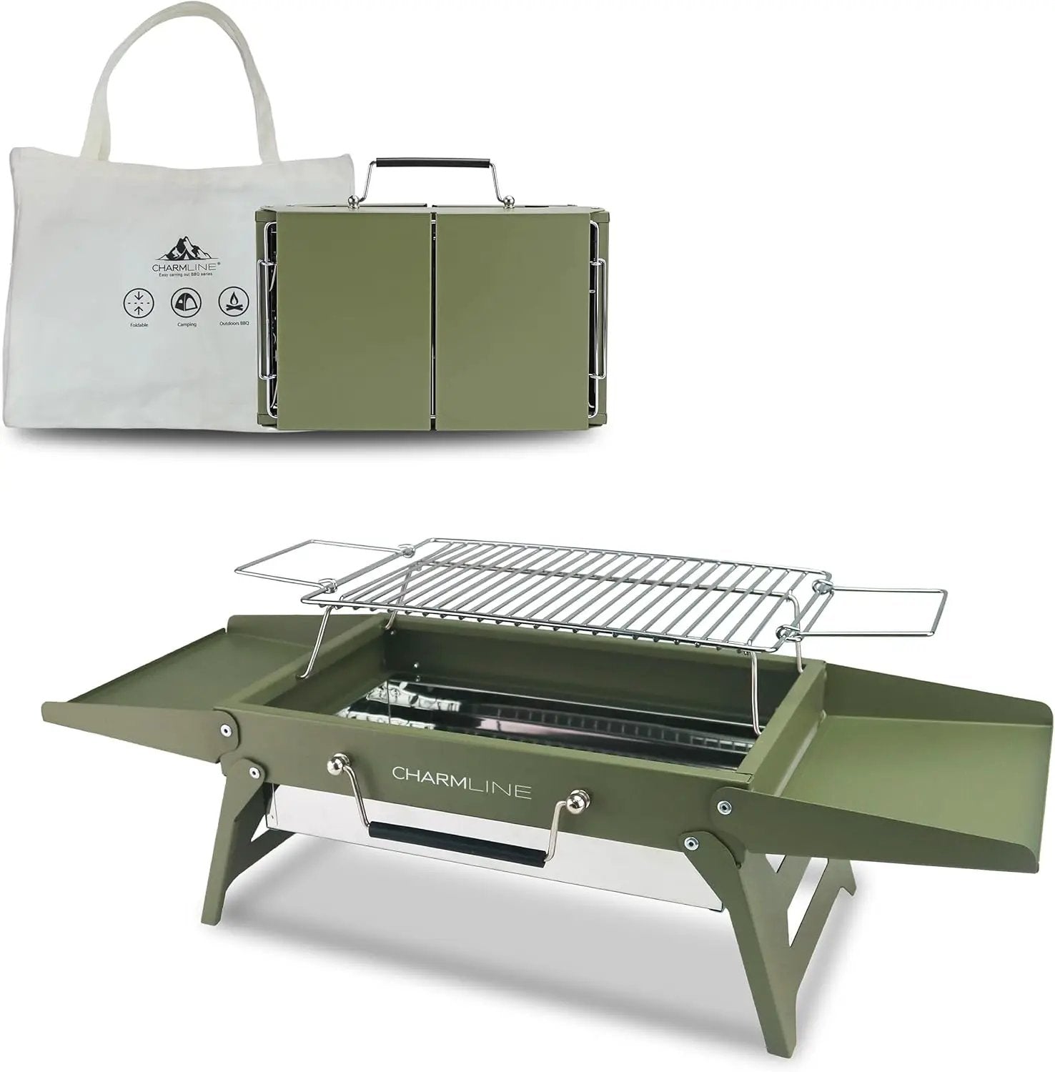 Charmline 14x9inch Small Foldable Portable Charcoal Grill, Compact Portable Grill for Outdoor, Charcoal Grills for Camping, Picnics, Gardens and Beach Parties, Liftable Grilling Net, Green by GreenHaven Gardens