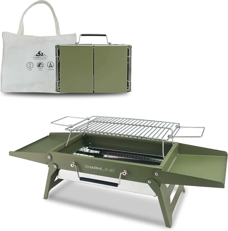 Charmline 14x9inch Small Foldable Portable Charcoal Grill, Compact Portable Grill for Outdoor, Charcoal Grills for Camping, Picnics, Gardens and Beach Parties, Liftable Grilling Net, Green by GreenHaven Gardens
