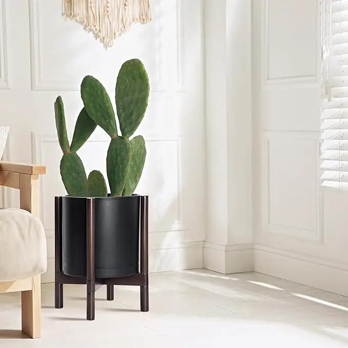 D'vine Dev Planter Pot with Stand - 12 Inch Plastic Cylinder Flower Pot with Wood Planter Holder for Indoor, Matte Black Pot + Walnut Color Stand, 55-C-O-2 by GreenHaven Gardens