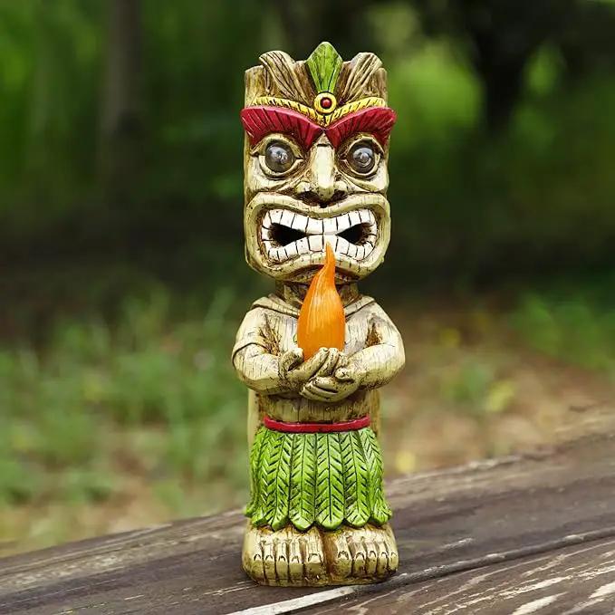 13" Tall Solar Torch Tiki Garden Statue, Resin Large Tiki Decor Figurine with Solar Lights, Hawaiian Tiki Man, Outdoor Patio Yard Lawn Bar Party Beach Pool Pond Decoration, Valentine's Day Gift by GreenHaven Gardens