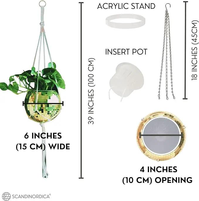 SCANDINORDICA Disco Ball Planter – Value Package: Mirror Disco Planter with Chain, Macrame Hanger and Acrylic Stand for Desk, Includes Self Watering Insert, Retro Decor | 6 inch Gold by GreenHaven Gardens