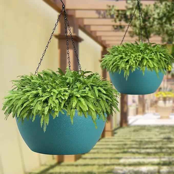 13 inch Large Hanging Planters Plant Pots for Outdoor Indoor Plants with Drainage Holes and Chain, 2 Pack Round Hanging Flower Pots for Garden Home Porch Decor, Blue Green by GreenHaven Gardens