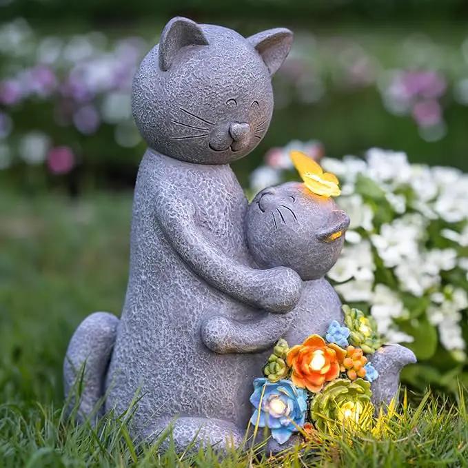 Solar Garden Statues Loving Cat Figurine Lights for Outside, Yard Decorations Outdoor, Garden Christmas Decor Unique Birthday Housewarming Gifts for Mom, Women by GreenHaven Gardens