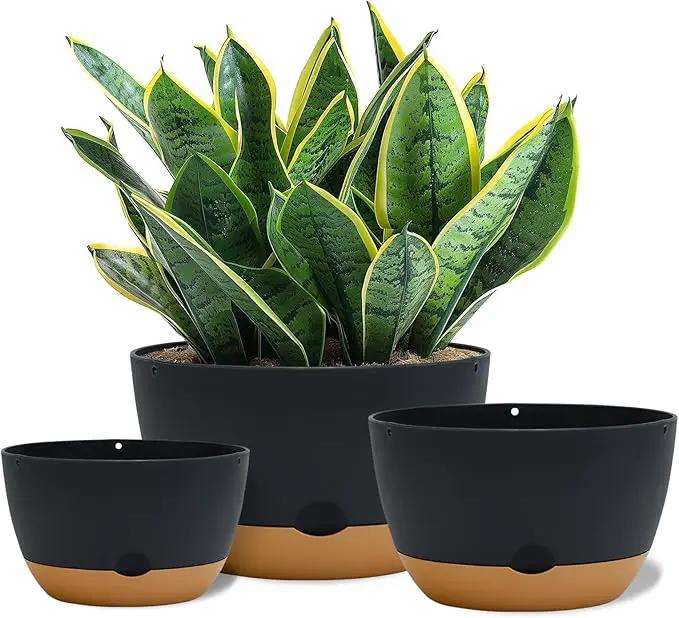 8/10/12 Inch Pots for Indoor Plants, Large Self Watering Planters with Drainage and Saucers, Plastic Outdoor Flower Pot, Set of 3, Grey by GreenHaven Gardens