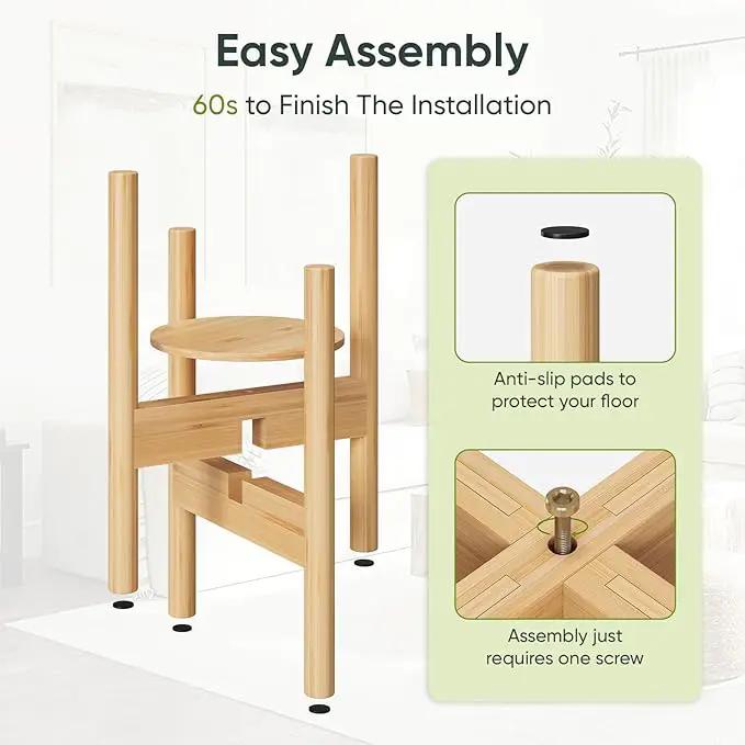 Adjustable Plant Stand, Bamboo Plant Stand Indoor with Tray, Wood Plant Stand for 8 to 12 inches Flower Pots, Single Mid Century Modern Plant Stand for Indoor Plants, Natural by GreenHaven Gardens