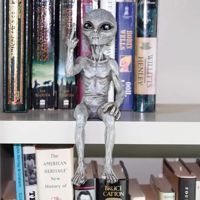 Rude Alien Statue “Flipping The Bird” 10″ H Shelf Sitter Extraterrestrial Figurine Funny Home or Garden Decoration (Alien Gray) by GreenHaven Gardens