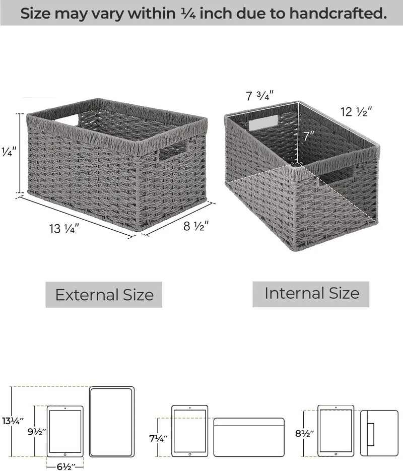 StorageWorks Round Paper Rope Storage Baskets, Rectangular Wicker Baskets with Built-in Handles, Gray, 2-Pack by GreenHaven Gardens