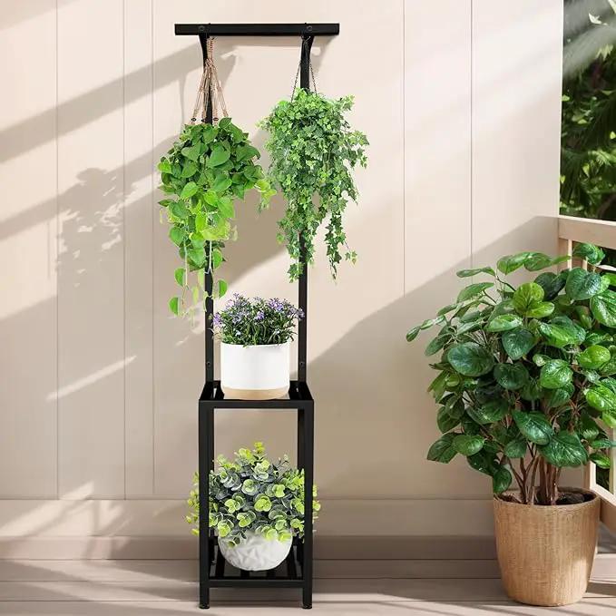 Plant Stand Indoor Outdoor, 65" Tall Plant Stand Outdoor 3 Tiered Hanging Plant Shelf Heavy Duty Flower Stand Multiple Plant Metal Display Rack for Living Room Garden Balcony by GreenHaven Gardens