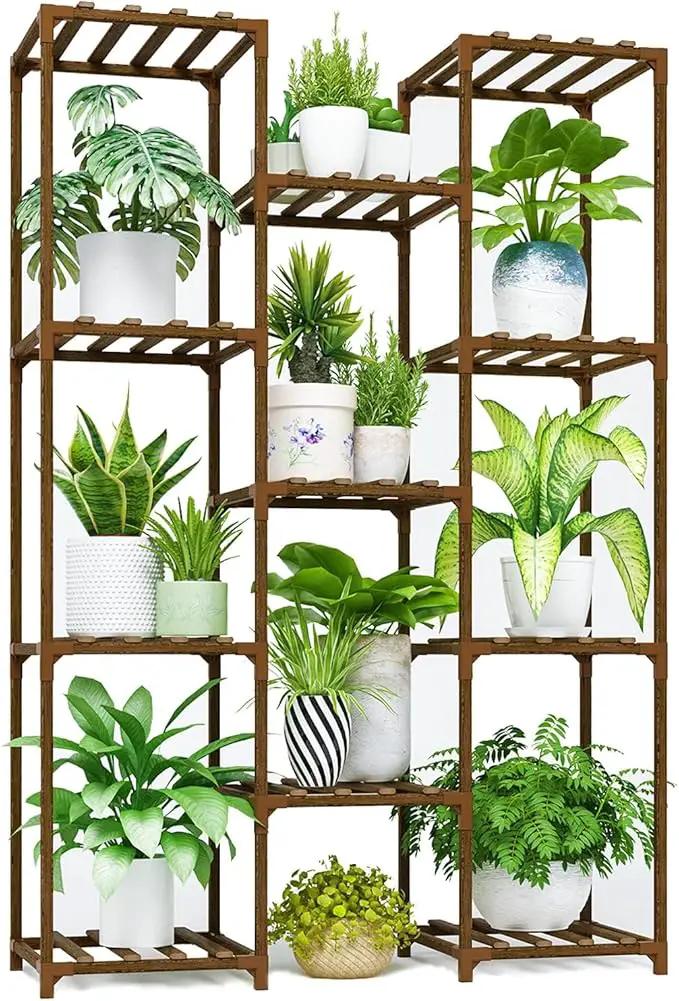 Bamworld Plant Stand Indoor Outdoor Tall Plants Shelf for Multiple Plants Pots Wood Flower Stand Large 11 Pots Plant Holder for Living Room, Patio, Balcony, Garden by GreenHaven Gardens