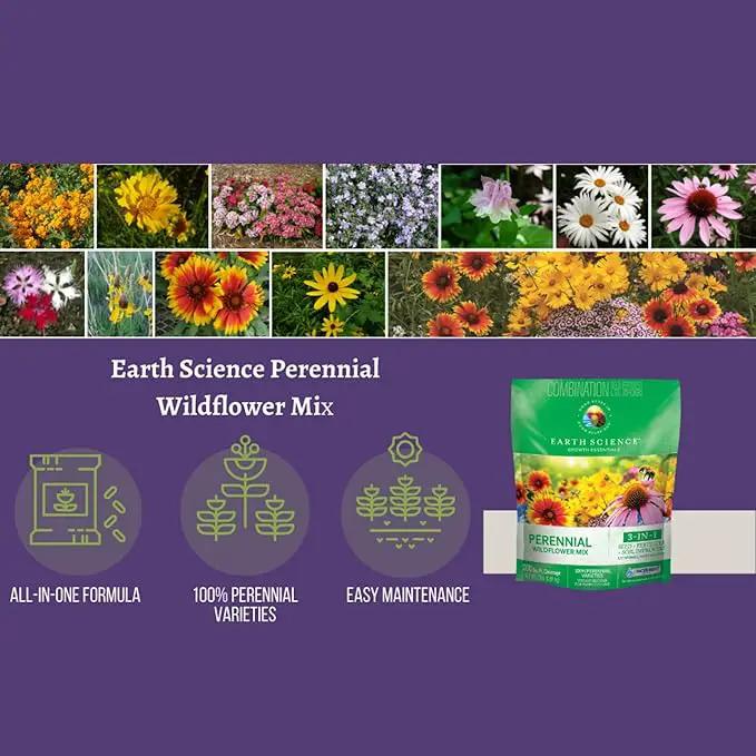 Earth Science Perennial Wildflower Mix - 3-in-1 Formula with Premium Wildflower Seeds—6 lb— Plant Food and Soil Conditioners - Non-GMO, Natural Ingredients by GreenHaven Gardens