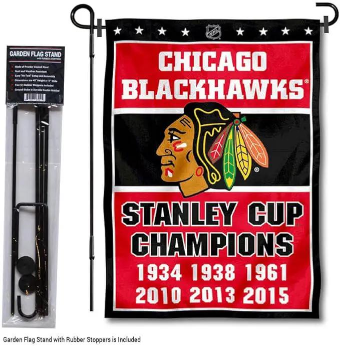 WinCraft Chicago Blackhawks 6 Time Champions Garden Flag and Pole Stand Holder by GreenHaven Gardens