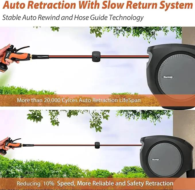 Ruvup Retractable Garden Hose Reel, 1/2in x 50ft Water Hose Reel with 10 Style Nozzle, UV Resistant Automatic Gardening Hose Reel Wall Mount for Outside, Slow Retraction Any Length Lock 180° Swivel by GreenHaven Gardens