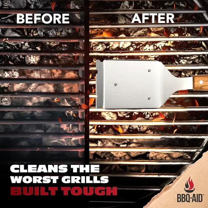 BBQ-AID Bristle Free Grill Brush and Scraper for Barbecue - Extended Large Wooden Handle With Replaceable Head - No Scratch BBQ Cleaning Accessories for Outdoor Grills by GreenHaven Gardens