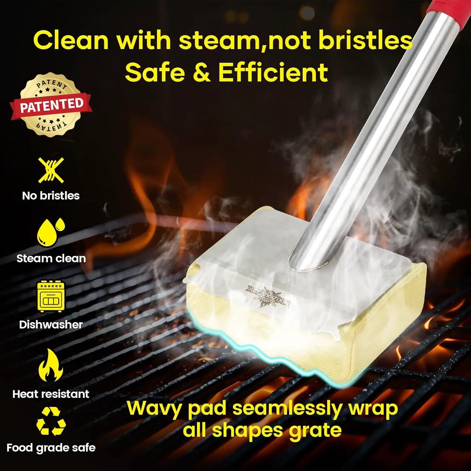 Grill Brush Bristle Free,Aramid Fiber Wavy Pad Seamless-Fit Cast Iron/Stainless-Steel Grates,BBQ Replaceable Scraper Cleaning Head,Safe Grill Cleaner for Outdoor Grill,Gifts for Men/Dad by GreenHaven Gardens