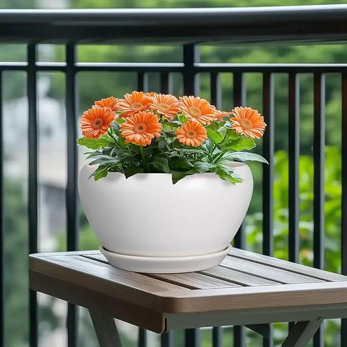 Ceramic Planter for Indoor Plants - 11 Inch Plant Pot with Drainage Hole and Saucer Decorative Round Large Planter Pot for Plants Outdoor Flower Pot for Garden White by GreenHaven Gardens