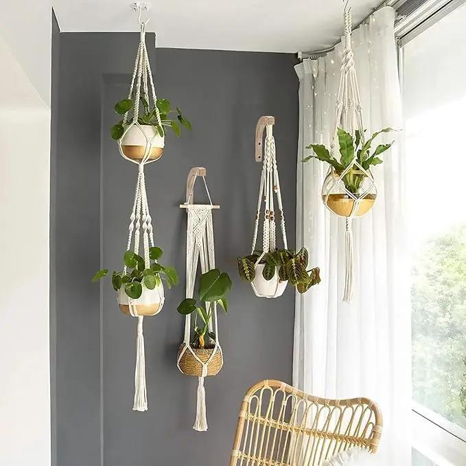 Macrame Plant Hanger for Indoor Hanging Plants, Hanging Planters for Indoor Plants, 2 Pack Wooden Wall Mounted Hanging Plant Bracket Hooks for Flower Pots Lanterns Wind Chime Light, Decoration by GreenHaven Gardens