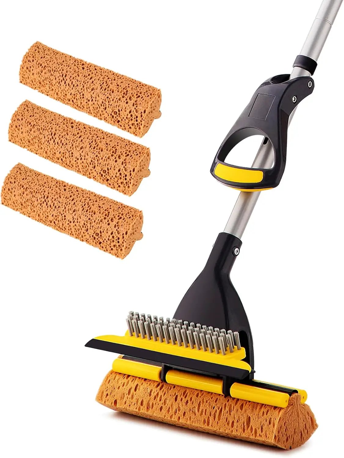 Yocada Sponge Mop Home Commercial Use Tile Floor Bathroom Garage Cleaning Total 3 Sponge Heads Squeegee and Extendable Telescopic Long Handle 42.5 to 52 Inches Easily Dry Wringing Only 3 Heads by GreenHaven Gardens