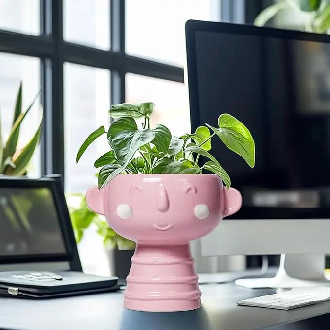 Smiley Face Planter - 7 Inch Ceramic Head Planter for Indoor Outdoor Plants, Cute Succulent Pots with Drainage Hole, Decorative Flower Pots, Home Room Desk Decor, Birthday Gifts, Bright Pink by GreenHaven Gardens