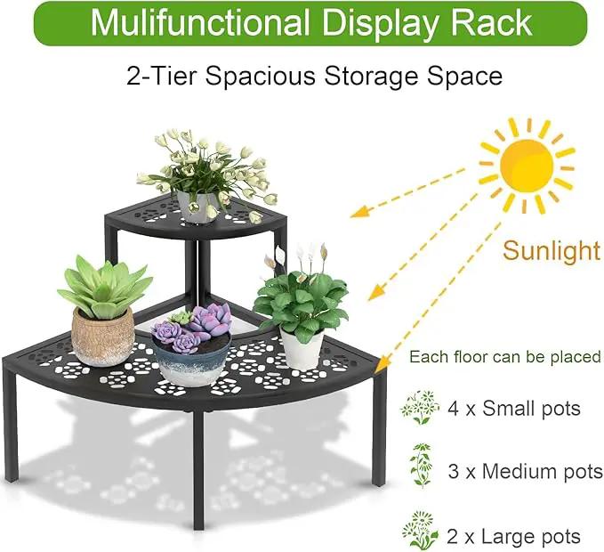 aboxoo 2 Tier Plant Stand Flower Pot Rack for Patio,Metal Stair-Step Style Corner Shelf Planters,Hevay Duty Plant Stand,Quarter Round Display Holder for Indoor Outdoor Use(Black) by GreenHaven Gardens