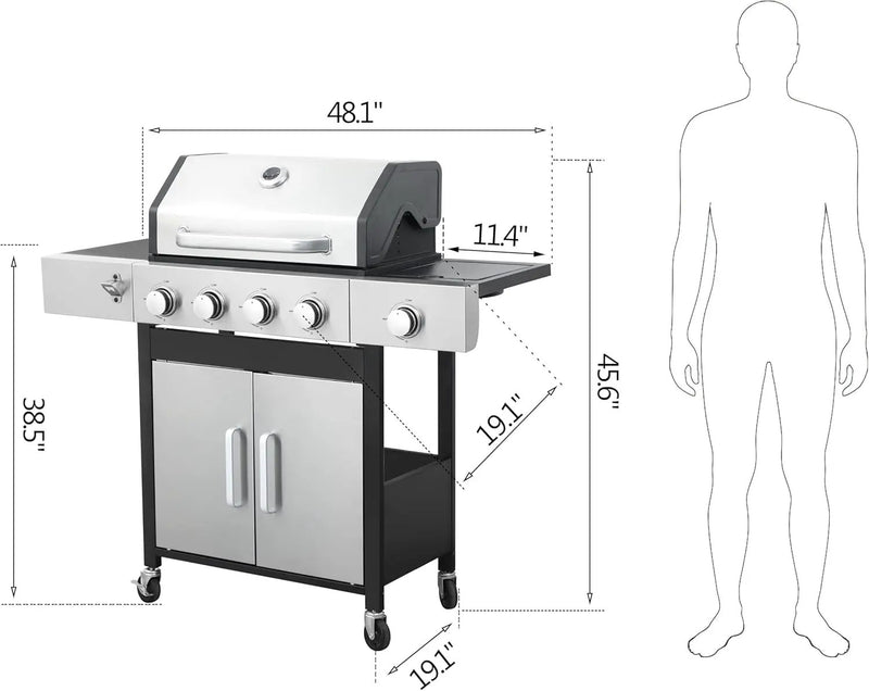4-Burner Propane Gas BBQ Grill with Side Burner, 46,790 BTU Output, Enameled Cast Iron Grates, Heavy-Duty Stainless Steel Outdoor Grill for Backyard Barbecue by GreenHaven Gardens