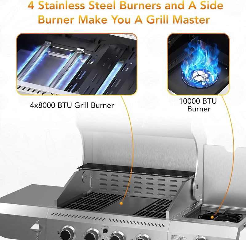 Gas Grill,Heavy-Duty Stainless Steel BBQ Grill,4 Burner Gas Grill with Side Burner,42000 BTU Propane Grill for Outdoor Cooking,Barbecue,Garden and Patio Backyard by GreenHaven Gardens