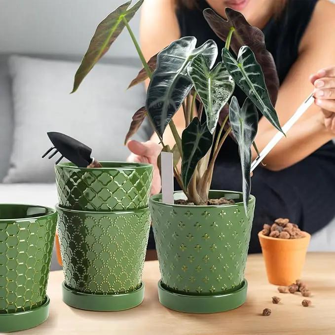 EFISPSS Ceramic Plant Pots, 5 Inch Planters with Drainage Holes and Ceramic Tray, Relief Design Flower Planter, Desktop Office Windowsill Decoration Gift Set of 4 - Blackish Green by GreenHaven Gardens