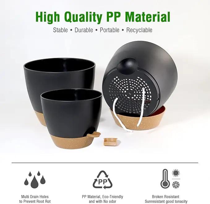 10/9/8 inch Self Watering Pots, Set of 3 Plastic Planters with Mesh Drainage Holes and Deep Reservoir for Indoor Outdoor Garden Plants and Flowers, Black with Brown by GreenHaven Gardens