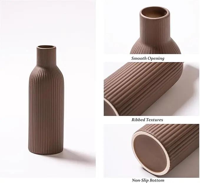 Ceramic Vase Set of 3, Flower Vases for Spring Room Decor, Kitchen Farmhouse, Modern Boho Style(Brown/Dark Brown/Orange) by GreenHaven Gardens