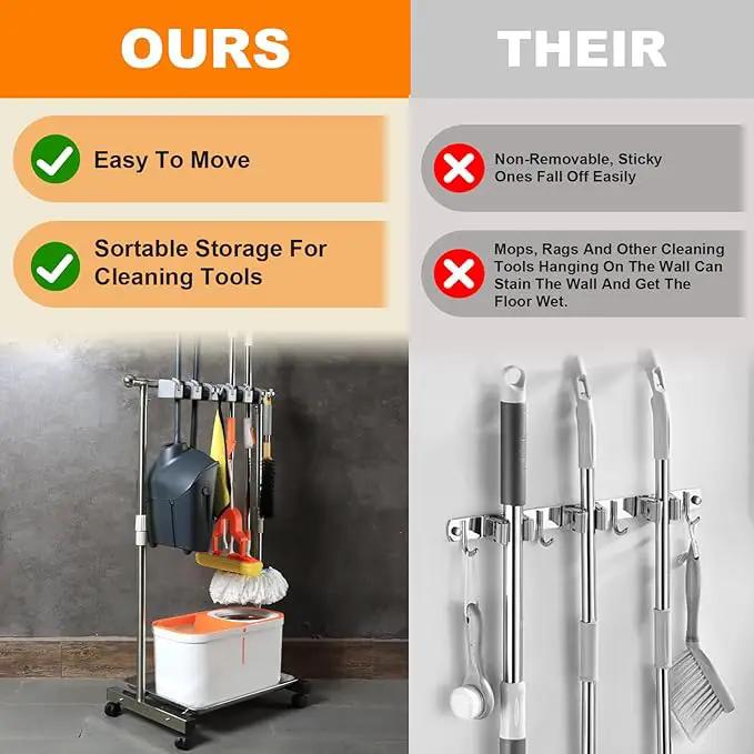 Stainless Steel Mop and Broom Holder with Wheels - Keep Your Cleaning Tools Organized! (S) by GreenHaven Gardens