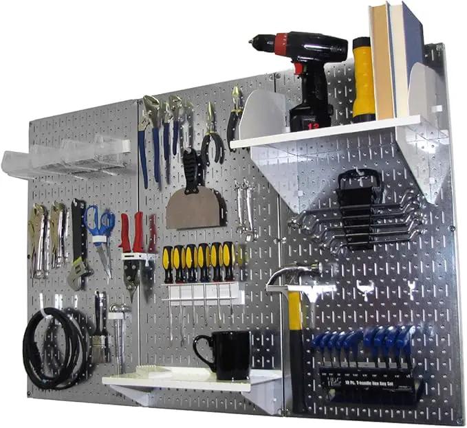 Wall Control Pegboard Organizer 4 ft. Metal Pegboard Standard Tool Storage Kit with Galvanized Toolboard and White Accessories by GreenHaven Gardens