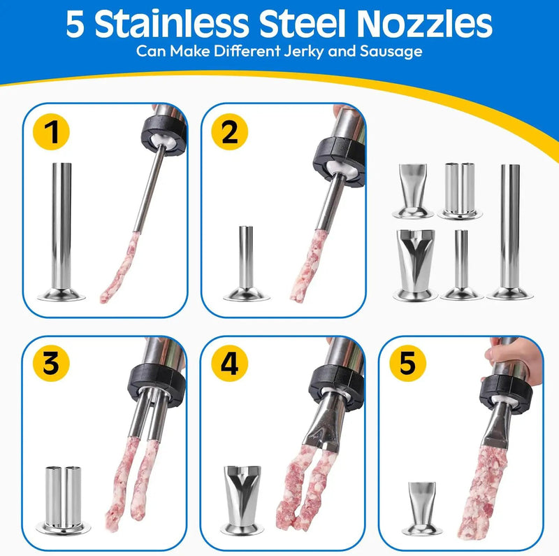 Professional Jerky Gun Kit – Stainless Steel Beef Meat Maker Machine with 5 Nozzles, 1 Meat Pusher, 5 Cleaning Brushes (2 Sets), Sausage Shooter Accessories & Bonus Pair of Gloves by GreenHaven Gardens