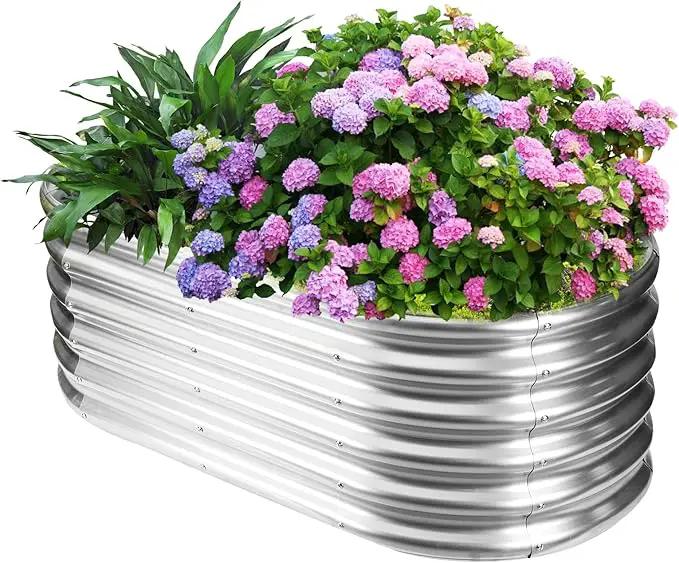 17" Tall Outdoor Garden Raised Garden Bed Kits, 4ft X 2ft Oval,0.8MM Thick Metal Raised Planter Bed/Ground Planter Box for Variety of Flowers,Herbs,Vegetables (Silver, 48X24X16.5 Inches) by GreenHaven Gardens