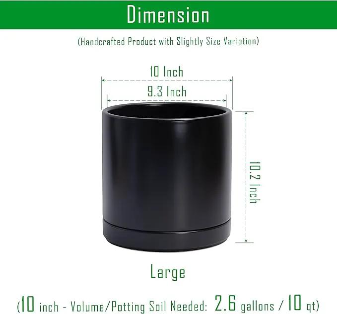 D'vine Dev Set of 2 Plants Pots, 10 Inch Ceramic Planter Pot for Plants with Drainage Hole and Saucer, Black, 94-V-E-2