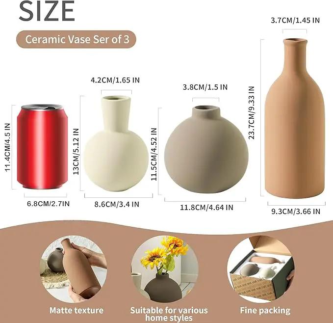 Vase Set of 3 | Ceramic Neutral Vases Home Decor | Rustic Flower Pottery Vases Modern Farmhouse Vase for Table Entryway Mantel Centerpiece Bookshelf Living Room Bathroom Bedroom -Brown Large by GreenHaven Gardens