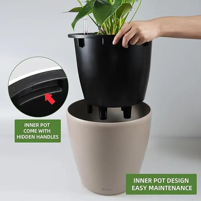 Dexceder 18x17 Self Watering Planter with Wheels Indoor Outdoor, Inner Pot Design, Thickened Large Floor Standing Flower Plant Pot with Water Level Indicator (Taupe Matte) by GreenHaven Gardens