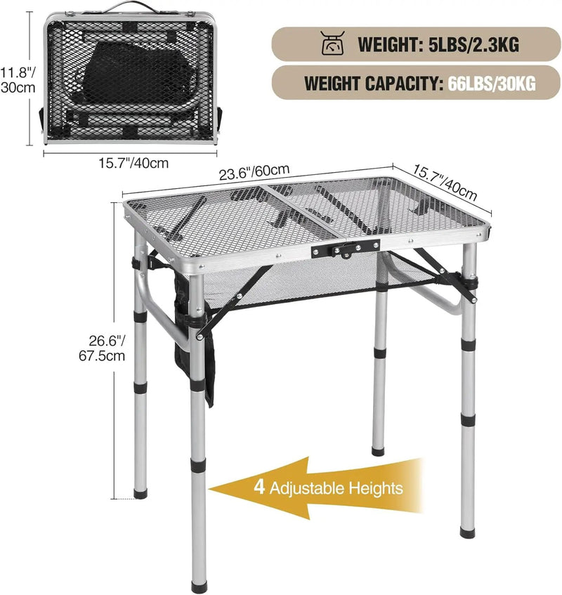 REDCAMP Small Folding Grill Table for Outside, 2Ft Lightweight 4 Height Adjustable Portable Metal Table with Mesh Desktop, Outdoor Table for Camping Picnic Beach and BBQ, Silver by GreenHaven Gardens