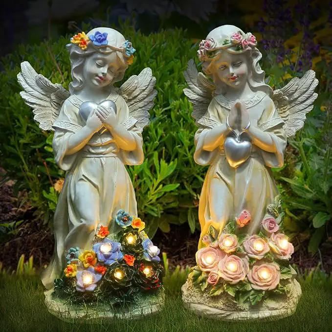 Angel Garden Statue 2Pcs,Love Heart Solar Garden Decor with Warm Light,Waterproof Praying Angel Statue with Flowers,Outdoor Garden Decor Sculpture for Lawn Yard Patio Garden Gifts,Apricot by GreenHaven Gardens
