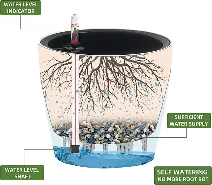 Dexceder 11x10 Inches Self Watering Planter Indoor Outdoor, Inner Pot Design, Thickened Table Flower Plant Pot with Water Level Indicator (Taupe Matte) by GreenHaven Gardens