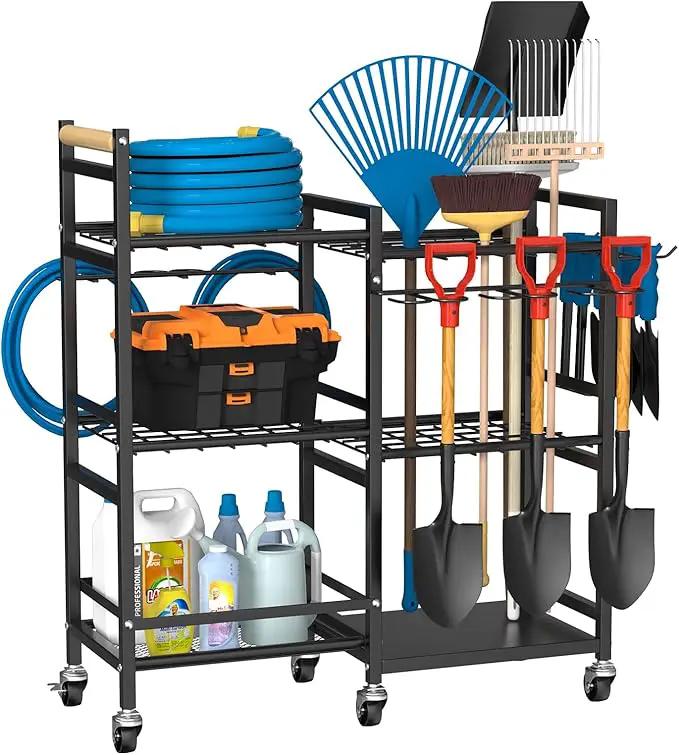 NADAMOO Garden Tool Organizer with Rolling Wheel, 3-tier Metal Shelf Yard Tool Holder, Utility Stand Rack for Garage Organization and Storage, Hold Long-Handled Rakes, Shovel, Broom by GreenHaven Gardens